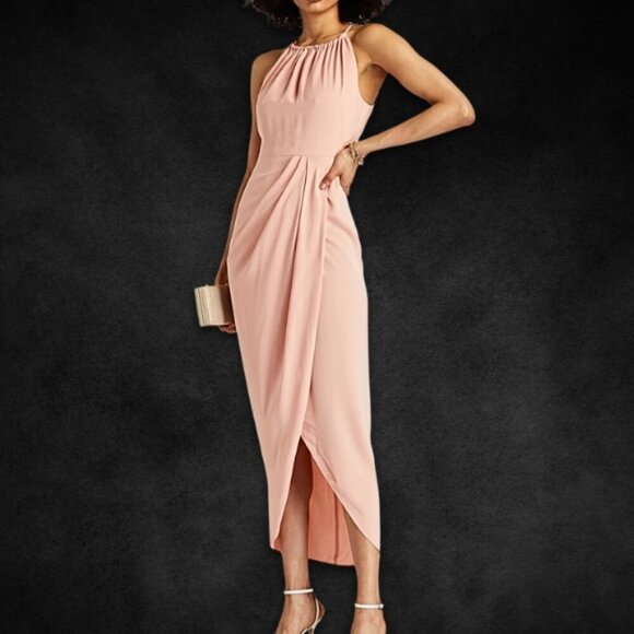 Halter Neck‎ Sleeveless Tulip Hem Blush Pink Midi Dress Party Cocktail - Picture 1 of 11